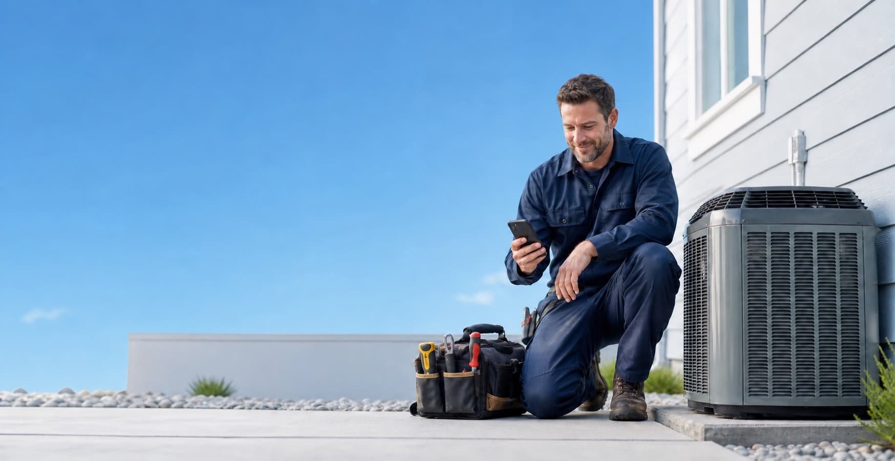 Residential HVAC contractor reviewing an invoice on his phone beside an air conditioner