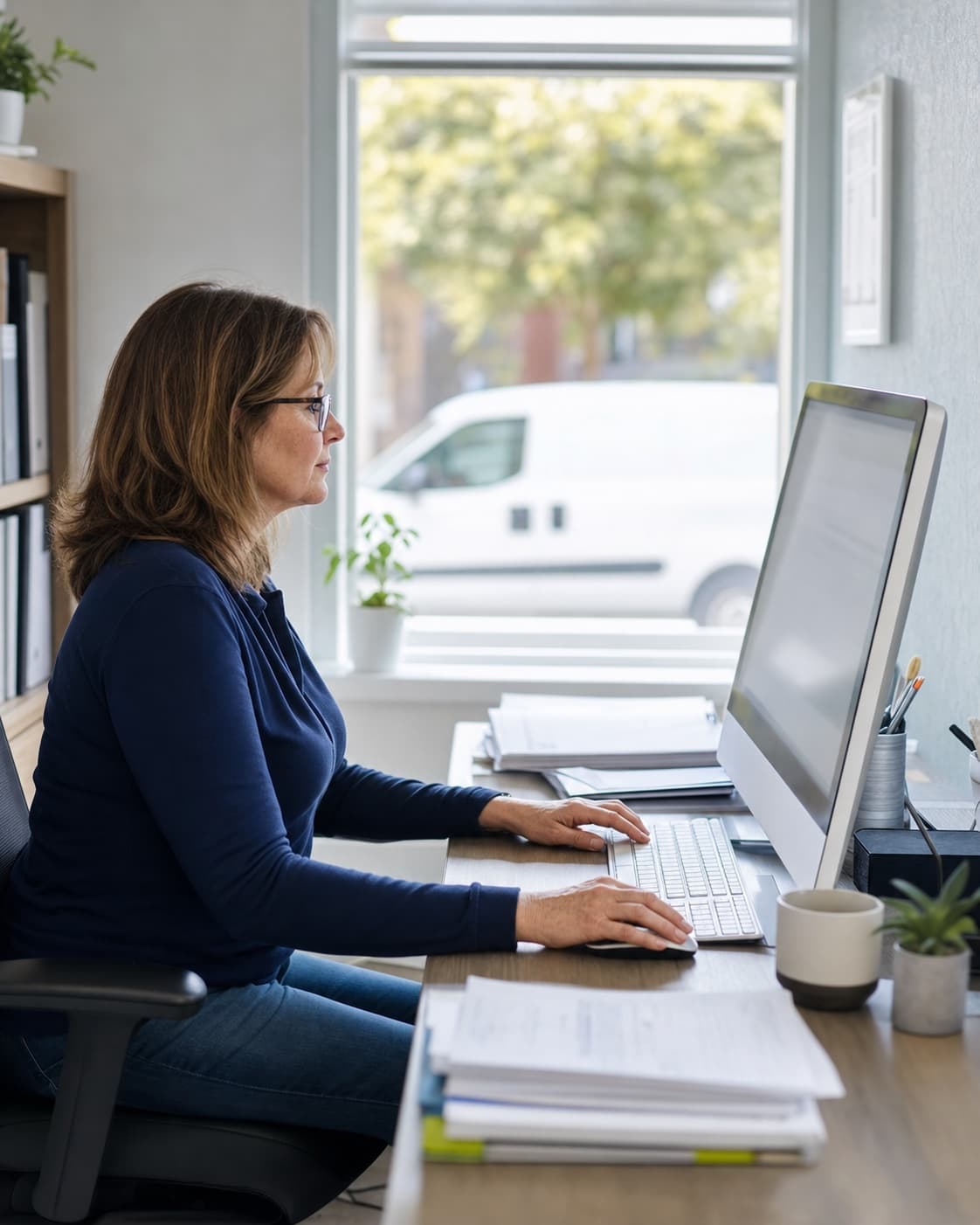 A contractor's office manager reviewing invoices at a desktop computer